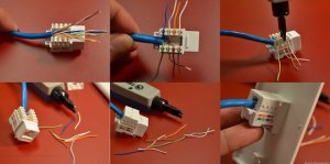 Wiring an Ethernet jack is actually much easier than making a network connector, since you don't have to remember the wiring scheme; instead just match the colors of the wiring and the pins (click to enlarge).
